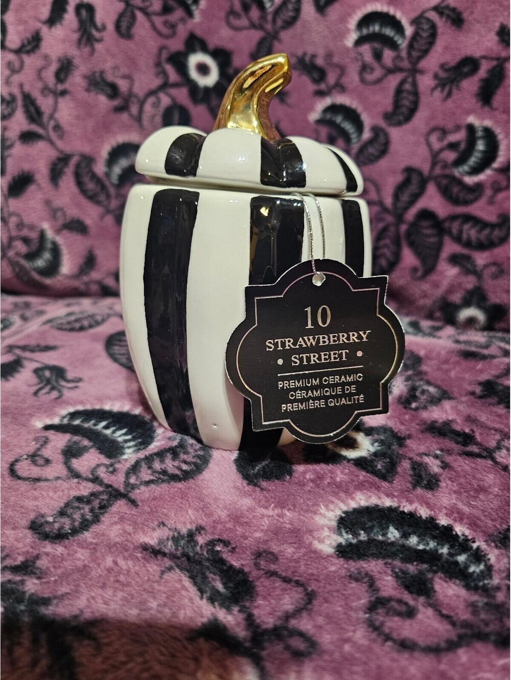 10 Strawberry Street Black and White Striped Ceramic Pumpkin Jar with Gold Stem
